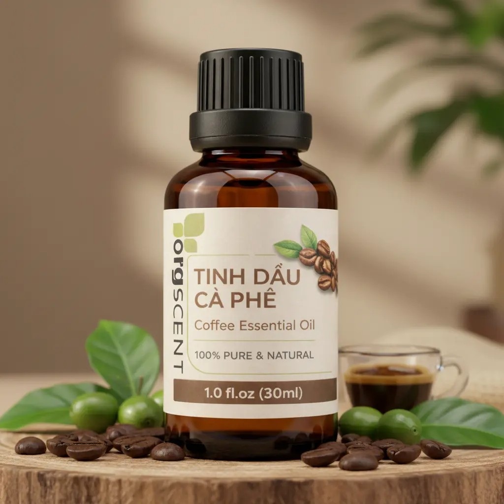 Hình ảnh **Tinh dầu cà phê 30ml** nổi bật với mùi cà phê rang đậm, sâu và quyến rũ, kết hợp sắc thái hạt rang và caramel nhẹ. Lựa chọn phù hợp cho những ai yêu thích hương cà phê rõ nét trong không gian sống.