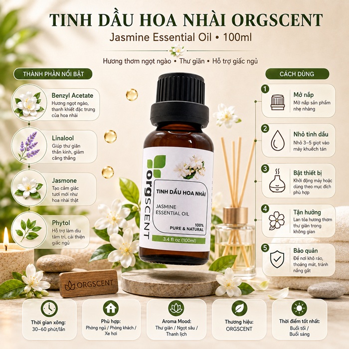 Hình ảnh sản phẩm tinh dầu hoa nhài 100ml dành cho nhu cầu sử dụng thường xuyên, mang đến hương hoa trắng đậm đà với sắc thái ngọt, mềm và sâu. Hương nhài giúp không gian trở nên nổi bật, tinh tế và mang dấu ấn riêng.